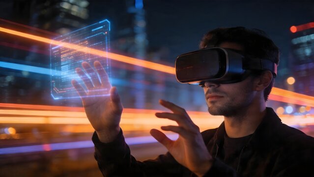 Man using virtual reality headset in city