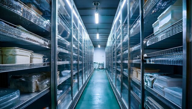 walk in industrial deep freezer interior frost covered shelves full of wrapped food containers in warehouse cold storage room for frozen food products cool refrigerating chamber food industry