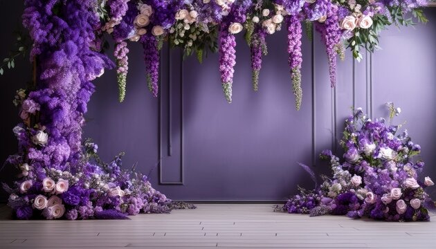 purple floral backdrop with hanging flowers and bouquets on grey floor