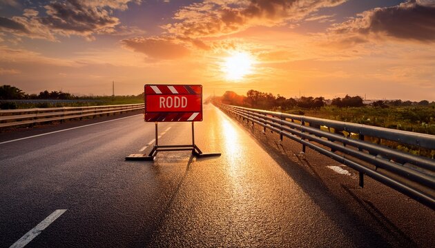 empty highway blocked by road closed barrier and sign at sunset orange sky reflects on wet asphalt construction work causes traffic delay evening scene