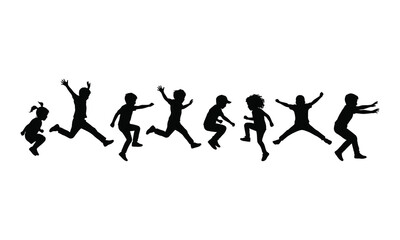 Obraz premium Diverse group of children silhouettes jumping and playing joyfully outdoors on a white background.