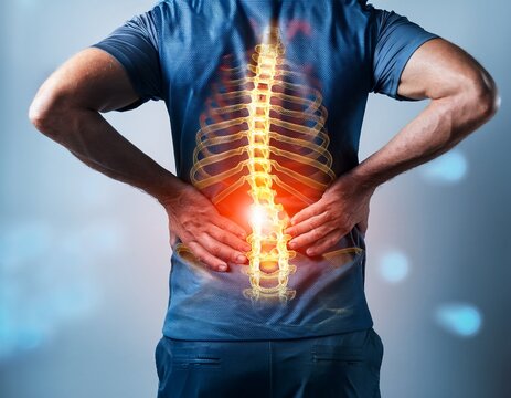 man holds lower back in pain backache concept with glowing spine discomfort from lumbar injury muscle inflammation spinal problem chronic ache rheumatism sciatica symptom health medical