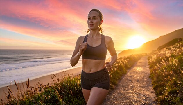 Woman jogging near ocean at sunset