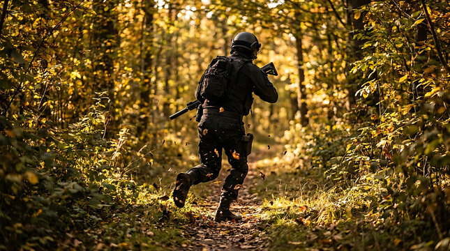 Tactical Warrior in Forest: A covert operative in full tactical gear sprints through a sun-dappled forest, a picture of determined movement and covert strategy.