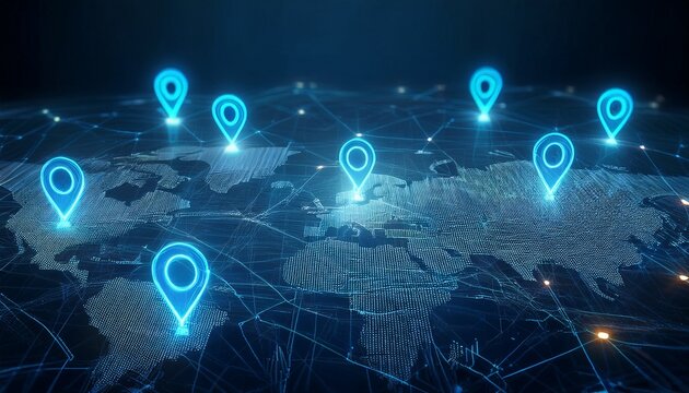 digital map with glowing blue location pins and connection lines futuristic network or data visualization abstract concept of navigation or business analytics