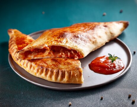 a golden flaky calzone oozing with cheese and marinara sauce as itaets sliced open