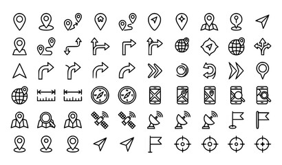 Editable location and GPS navigation thin line icon collection with map pins and route direction symbols © MstLaily
