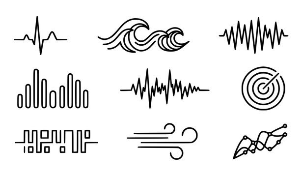 Wave data abstract line icon set with heartbeat ocean vibration and storm signal vector symbols