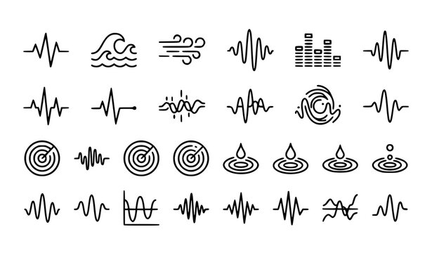 Editable wave and signal line icon collection with heartbeat vibration ocean storm and data chart concepts
