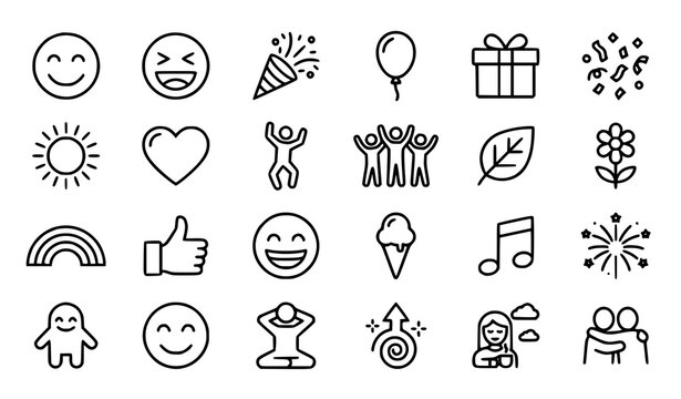 Modern happiness line icon set with joyful faces celebration nature and positive emotion outline symbols