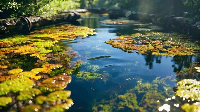 Water pollution shown by an algae bloom on a calm river, a beautiful but toxic concept of environmental crisis and contamination for a nature background.