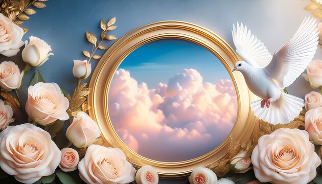 white dove flies in pastel sky among clouds and roses elegant golden frame for sympathy messages funeral memorial or remembrance notices peaceful and gentle design