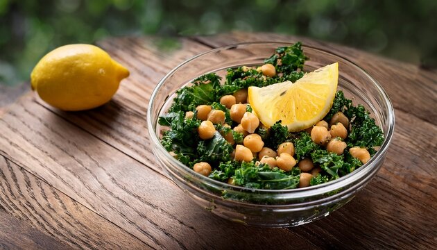 kale chickpea salad in glass bowl with lemon slice fresh green leaves and small yellow beans mixed with citrus fruit healthy food prep on wooden table