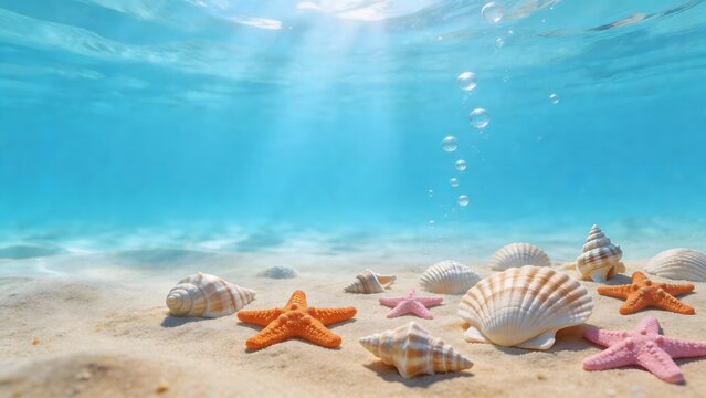 Underwater shells and starfish on sandy ocean floor