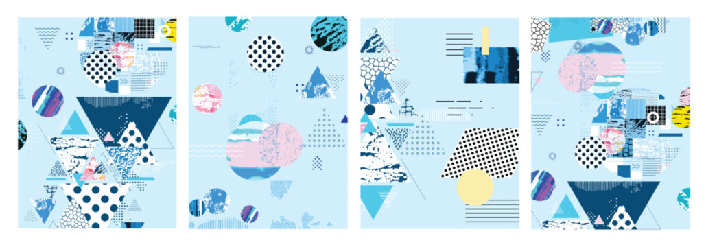 Different textures and shapes artistic vector illustration collage set. Geometric abstract design, creative background for banner, brochure, card, invitation, flyer, placard, poster, report, artwork