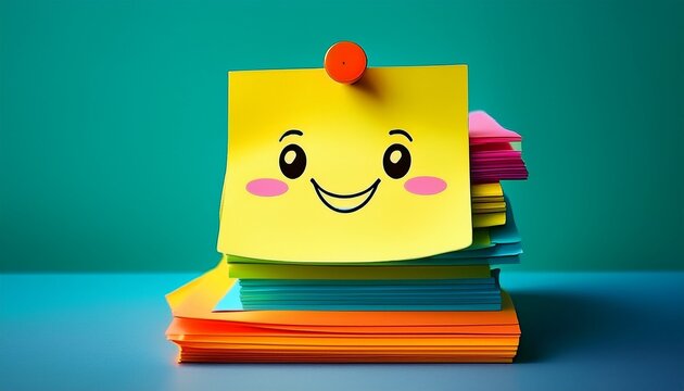 yellow sticky note with friendly reminder text and a face is pinned on a stack of colorful paper the message serves as a cheerful prompt for tasks or appointments