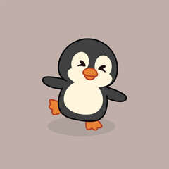 Cute penguin waddles happily with closed eyes. Tiny feet and flippers add charm to its motion. Soft beige background enhances its playful expression © rochmuch