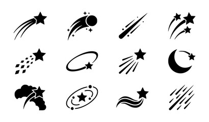Shooting star vector silhouette icon set with comet flying tail and cosmic astronomy symbols © MstLaily