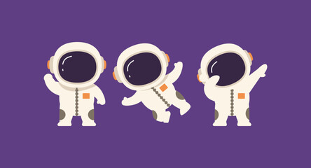 Three cartoon astronauts wave cheerfully against a purple backdrop. Each figure wears a white suit with orange accents. Their helmets feature black visors and stitched details. They gesture in playful © rochmuch