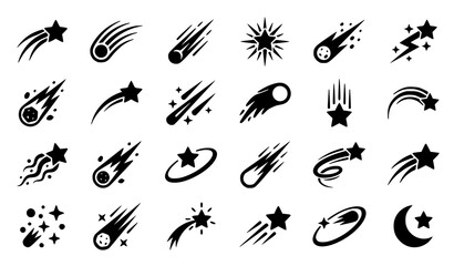 Modern shooting star silhouette icon set with comet tail flying star and cosmic space symbols © MstLaily