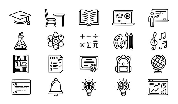 Editable education and learning thin line icon collection with school subjects and academic tools