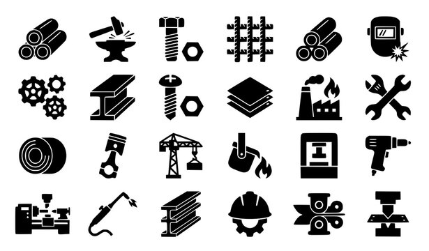 Modern steel solid icon set with pipe bolt blacksmith metal bar and industrial silhouette symbols
