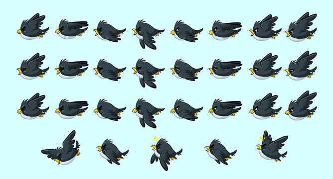 Cute cartoon bird character flying in a sequence of different animated poses for game development