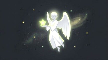 Naklejka premium A luminous angel floats in a dark, starry space.