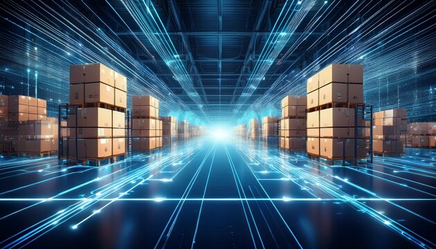 futuristic warehouse with interconnected glowing blue digital lines and floating boxes representing an ai driven supply chain management system optimizing logistics