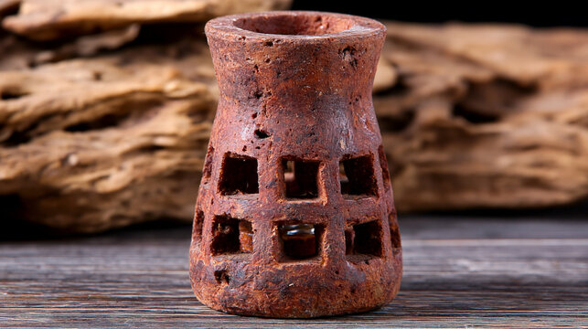 Handmade rustic red clay incense burner with square holes on weathered wood surface, handmade