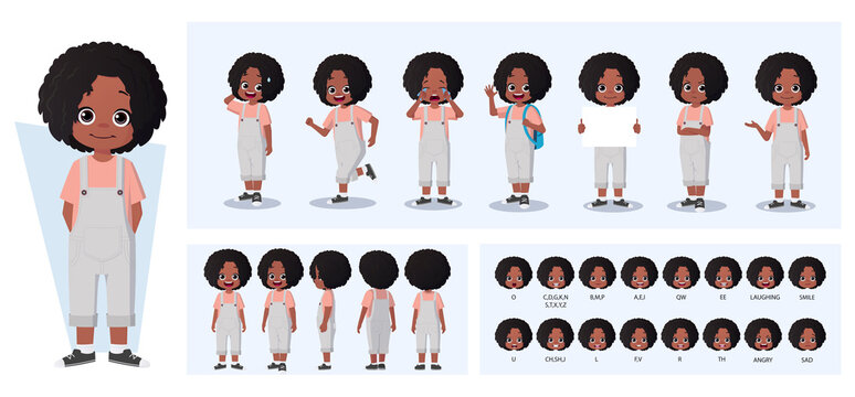 African american little girl character sheet with various poses and facial expressions for animation projects