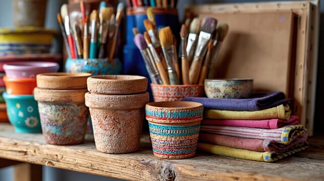 Art workshop shelf with clay pots, paintbrushes, folded aprons, and blank canvases