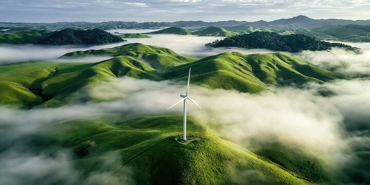 Stand alone white wind turbine on lush green fog covered rolling grassy hills generating clean renewable sustainable energy in beautiful natural landscape