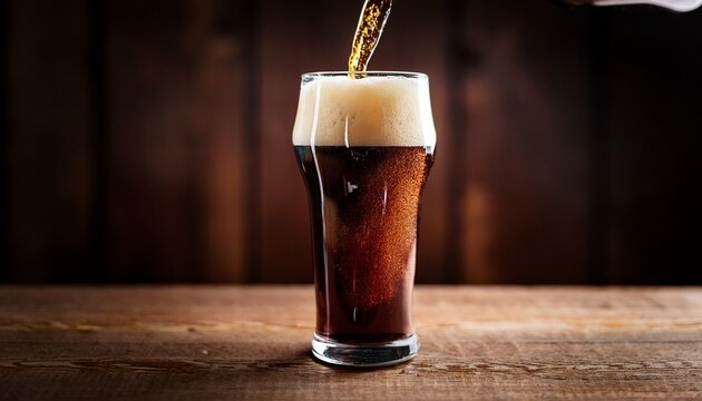 dark ale pours into glass forming thick head stream of dark porter creates froth beverage fills pint glass on wood table cold refreshment for pub or bar