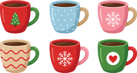 Obraz premium Christmas Coffee Mug Set Featuring Festive Cups with Snowflake, Tree and Heart Designs in Cozy Winter Flat Vector Style