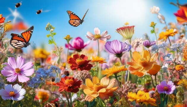 field full of colorful flowers and insects bees and monarch butterflies fly among blossoms on sunny day nature scene shows blooming plants in summer