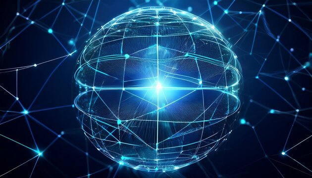 abstract tech illustration of sphere surrounded by glowing lines conceptual image represents network connection digital tech innovative computing processing modern digital world shows ai data