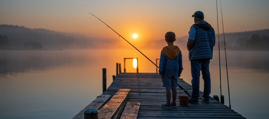 Fototapeta premium Father and son fishing on wooden pier at sunrise with mist over calm lake