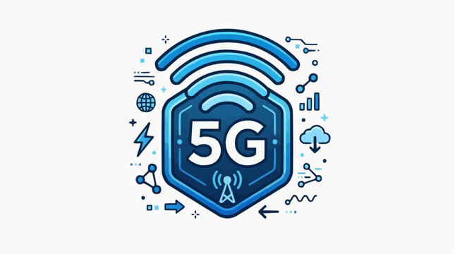 5G Technology Symbol: The striking blue 5G symbol, surrounded by data-centric icons, symbolizes the cutting-edge of wireless technology and its revolutionary impact on global connectivity. 