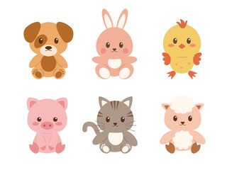 Fototapeta premium Cute Cartoon Pets Collection. Cute Animals Characters in Flat Simple Style. Anthropomorphic Animals Perfect for kids design nursery art patterns stickers branding and educational projects.