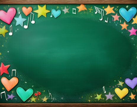 green chalkboard border decorated with colorful chalk stars hearts and musical notes empty space for text or drawing fun playful school education and creative art background
