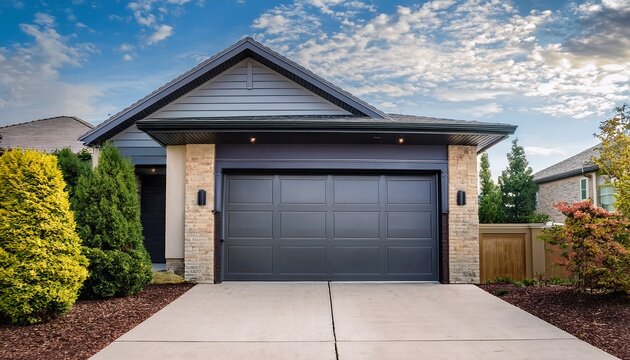 modern dark grey garage door on house with light brick exterior clean driveway manicured bushes and trees provide curb appeal blue sky with clouds above