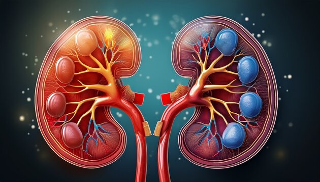 realistic human kidney anatomy one kidney shows healthy internal structure other kidney illustrates disease or damage medical illustration of organ comparison for health education