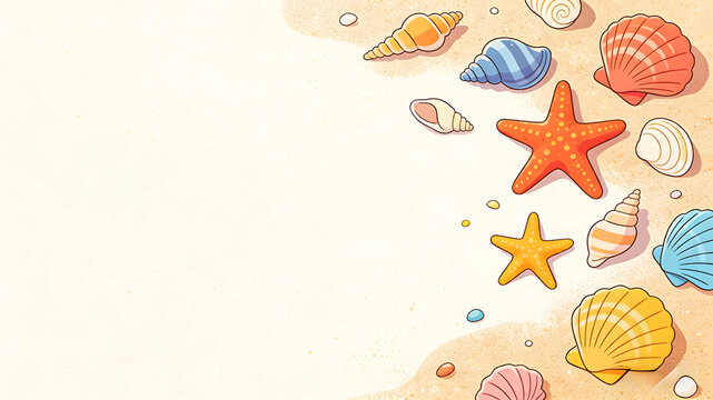 Colorful seashells and starfish on sandy beach background