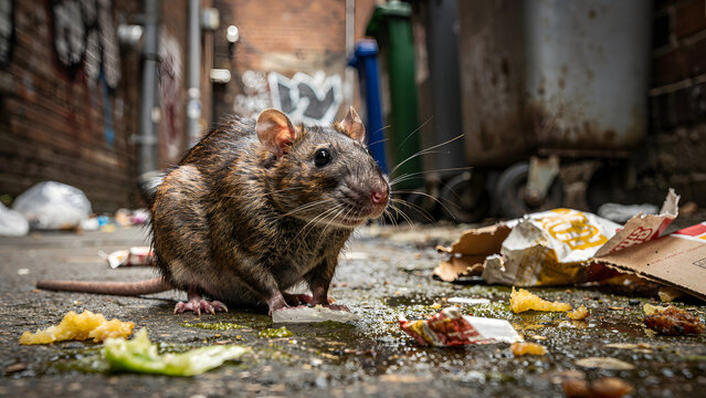 Brown rat near urban waste and containers