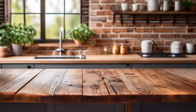close up of a rustic wooden tabletop in a modern blurred kitchen with brick wall empty surface for product placement food or design concepts cozy indoor ambiance