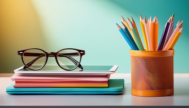 stack of books with glasses tablet pencils on clean desk setup represents study work online learning minimalist composition with bright color accents great for educational business themes