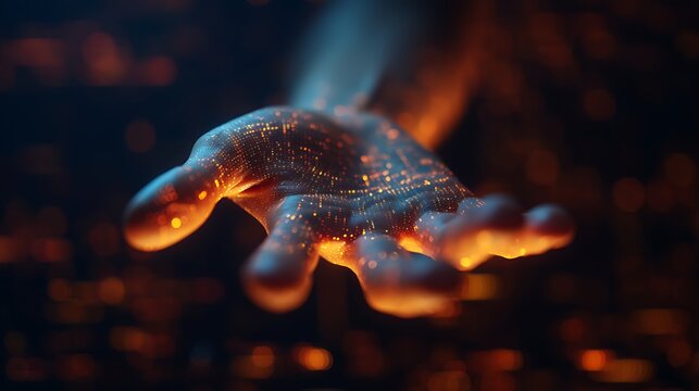 A glowing, digitized hand reaches out from a dark space, symbolizing futuristic technology and digital connection.