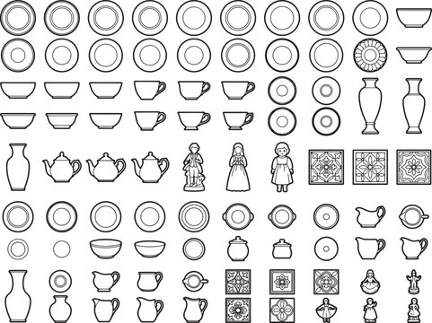 Elegant and minimalistic monochrome art collection featuring various culinary accessories, pottery and ceramic pieces and human sculptures.