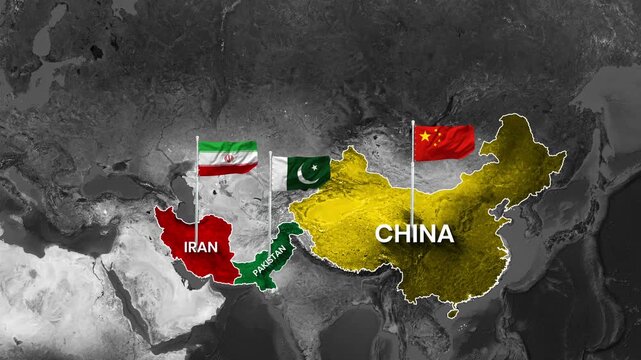 National flags of China, Pakistan, and Iran on the world map Animation
